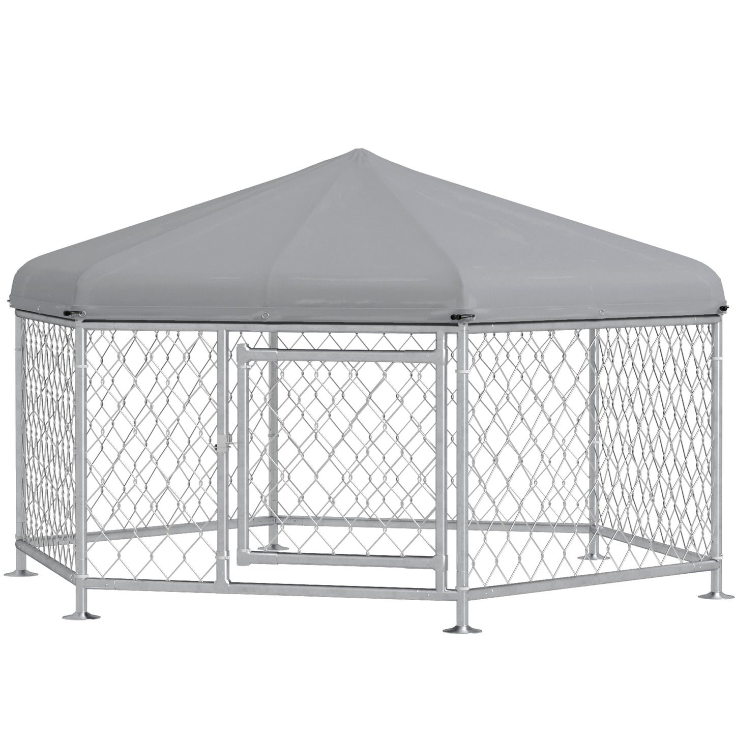 PawHut Kennel for Medium Size Dogs with UV-Proof Oxford Fabric Roof, 2.1x1.85x1.2m, Silver and Gray - Borgè