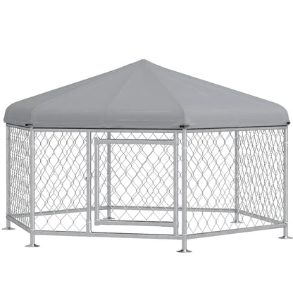 PawHut Kennel for Medium Size Dogs with UV-Proof Oxford Fabric Roof, 2.1x1.85x1.2m, Silver and Gray - Borgè