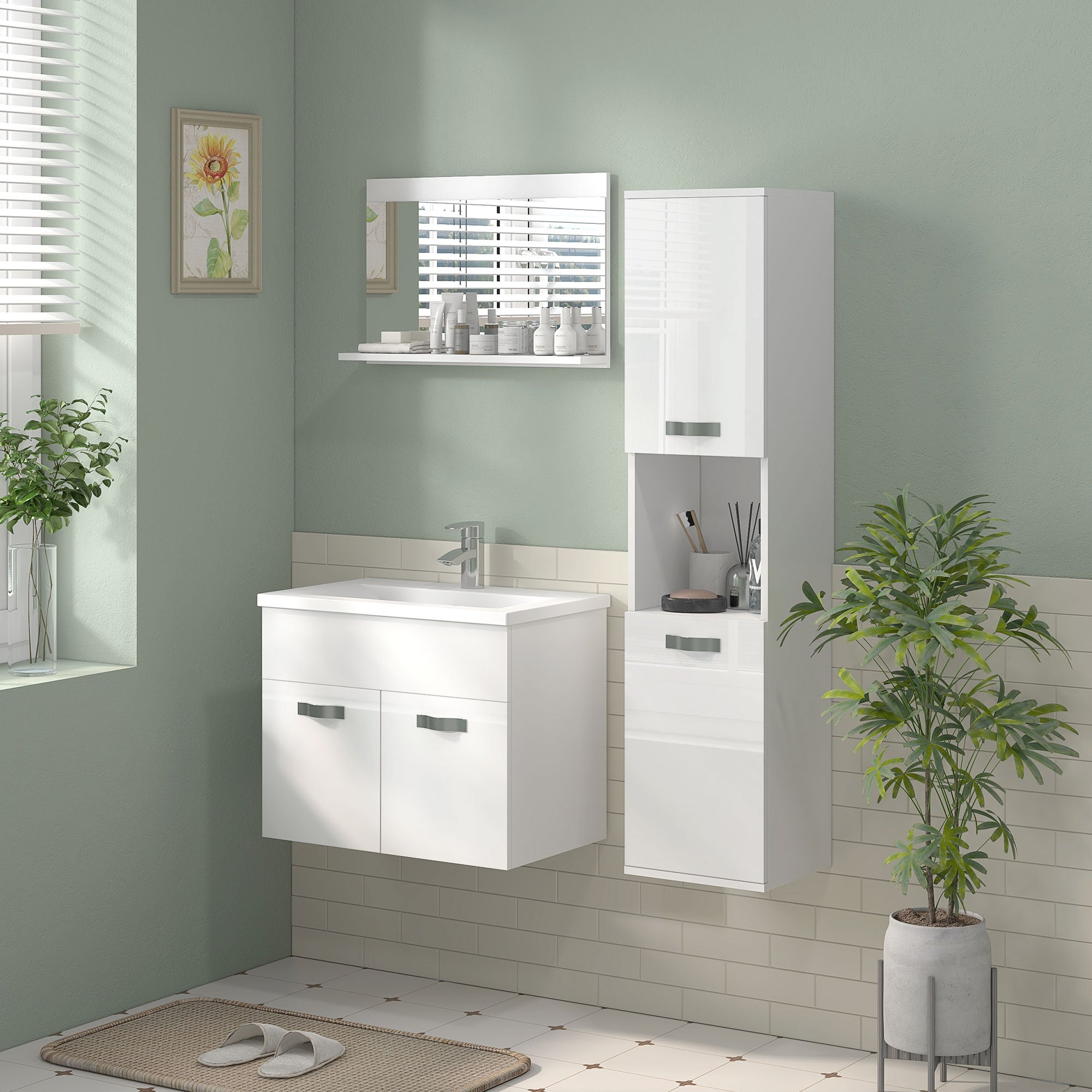 Wall-hung Bathroom Cabinet with Sink, 2-Door Cabinet with Soft-Close Hinges, 61x40x50cm, Glossy White
