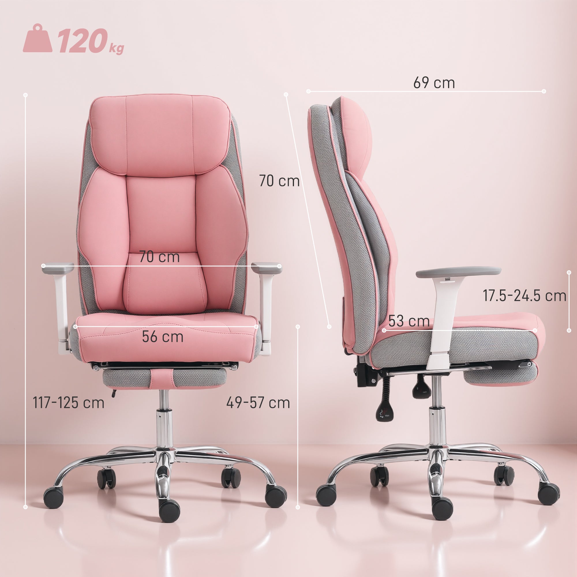 Ergonomic Office Chair with Adjustable Armrests, Footrest and Headrest, Pink