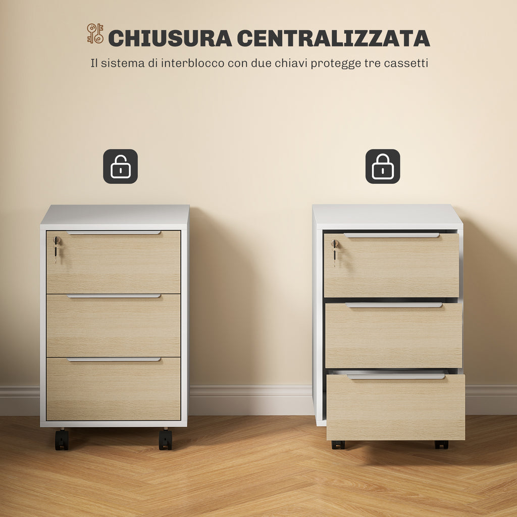Office Filing Cabinet with 3 Drawers, 4 Wheels, Office Drawer Unit with Lock and 2 Keys, White and Oak