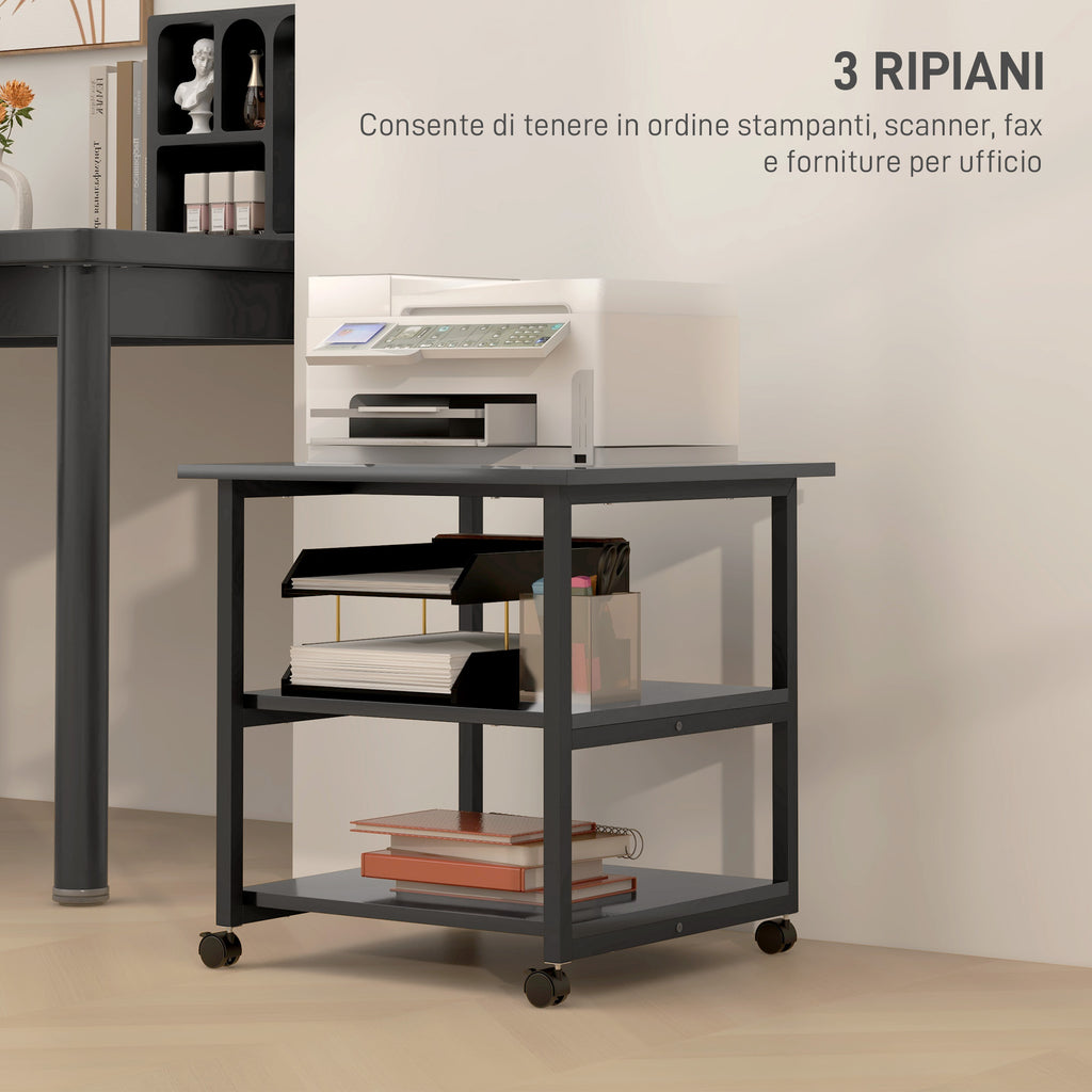 3-Tier Printer Cart with 4 Wheels, Wood and Steel, 50x50x52.5cm, Black