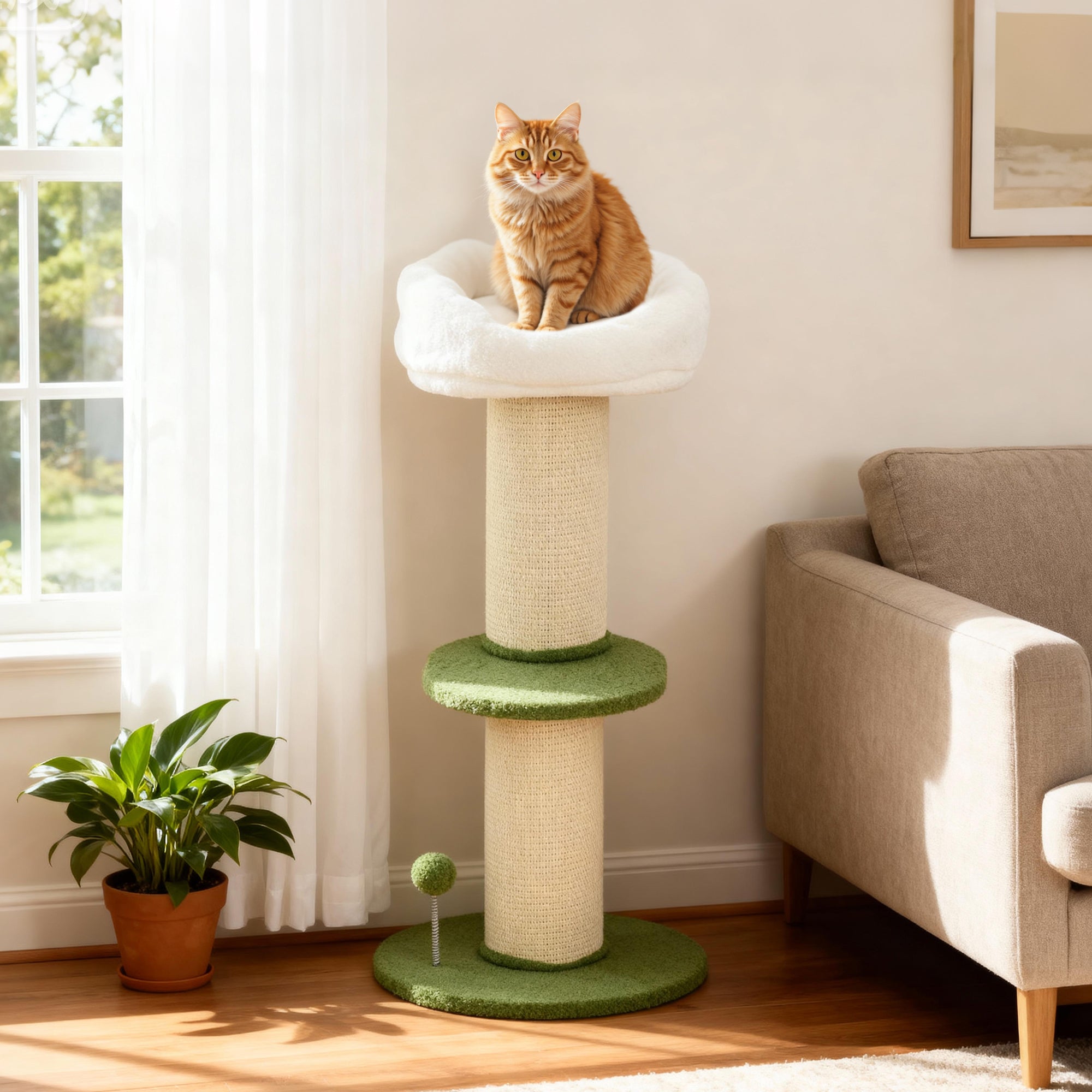 92cm Cat Tree with Sisal Pole and Flower-Shaped Cat Bed, Green