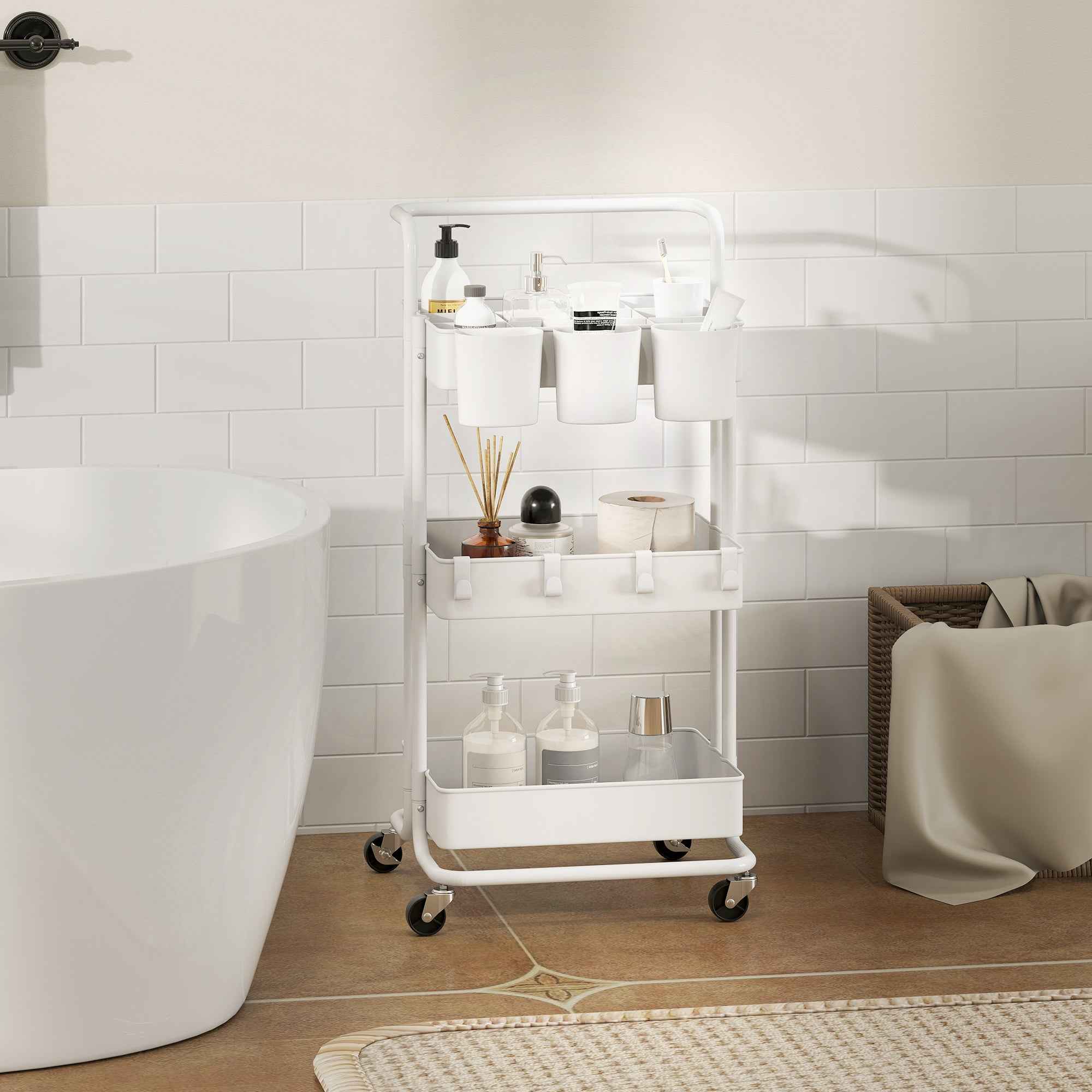 HOMCOM 3-Tier Multipurpose Kitchen Cart with Removable Baskets and Hooks, Shelf with 12 Dividers, White