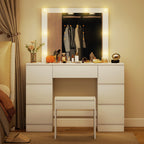 Hollywood-Style Makeup Table with Mirror, 8 LED Lights, 7 Drawers and Padded Stool, White