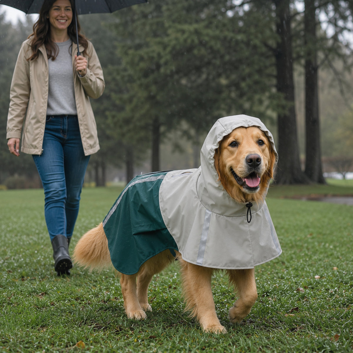 PawHut Dog Raincoat with Hood, Leash Hole, and Reflective Stripes, for Large Dogs, Green