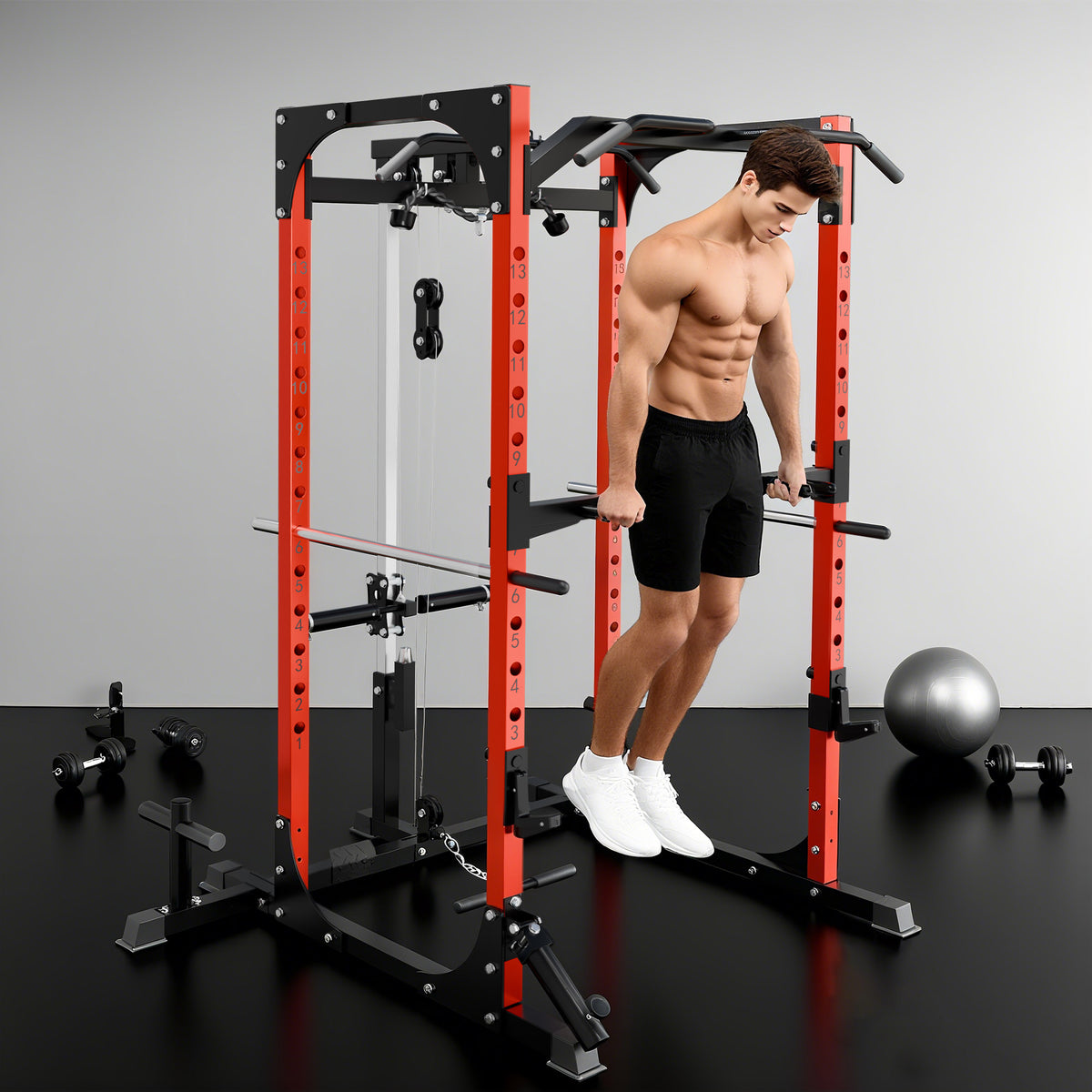 SPORTNOW Fitness Station with Barbell Stand and Pull-Up and Dip Bar, Steel, 191x153x205 cm, Red and Black
