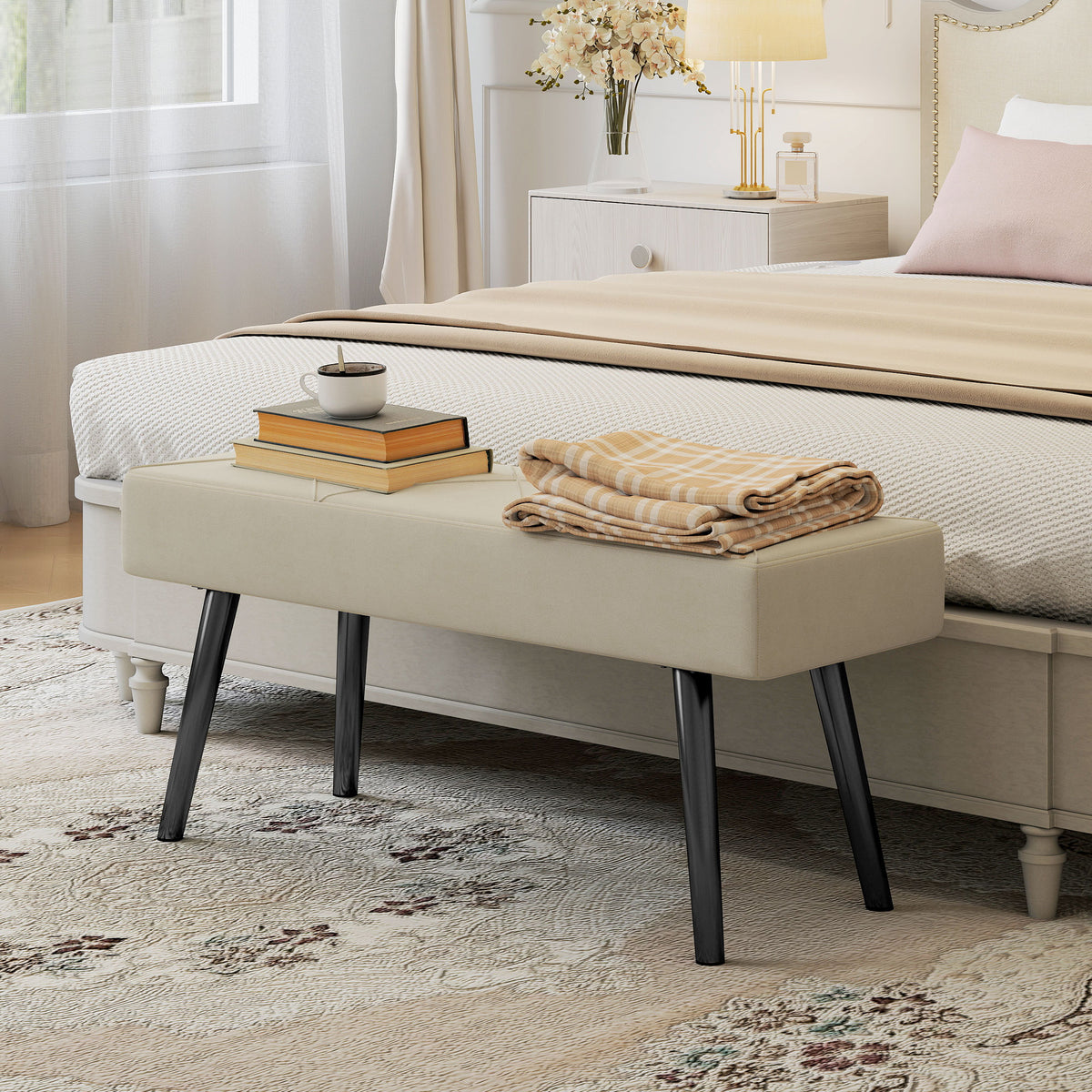 HOMCOM Upholstered Bench for Entryway and Living Room, Velvet Bedside Bench with Steel Legs, 100x36x45cm, Cream