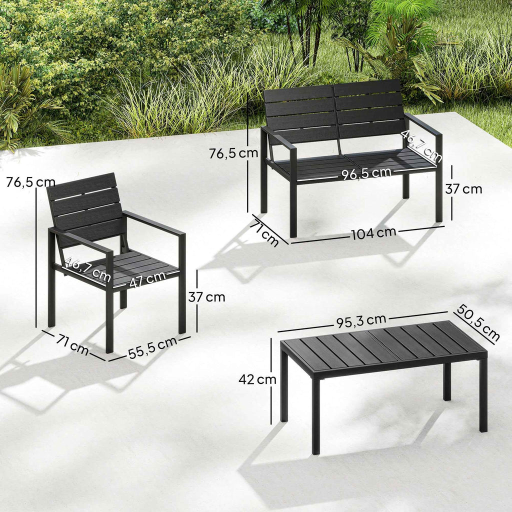 Outsunny 4-Piece Garden Lounge Set with Coffee Table, 2-Seater Sofa, and 2 Chairs, in HDPE and Black Metal