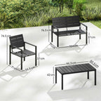 Outsunny 4-Piece Garden Lounge Set with Coffee Table, 2-Seater Sofa, and 2 Chairs, in HDPE and Black Metal
