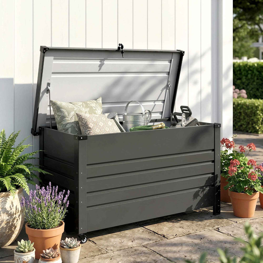 Outsunny 350L Metal Storage Box with Lockable Lid, Wheels, Side Handles, Grey