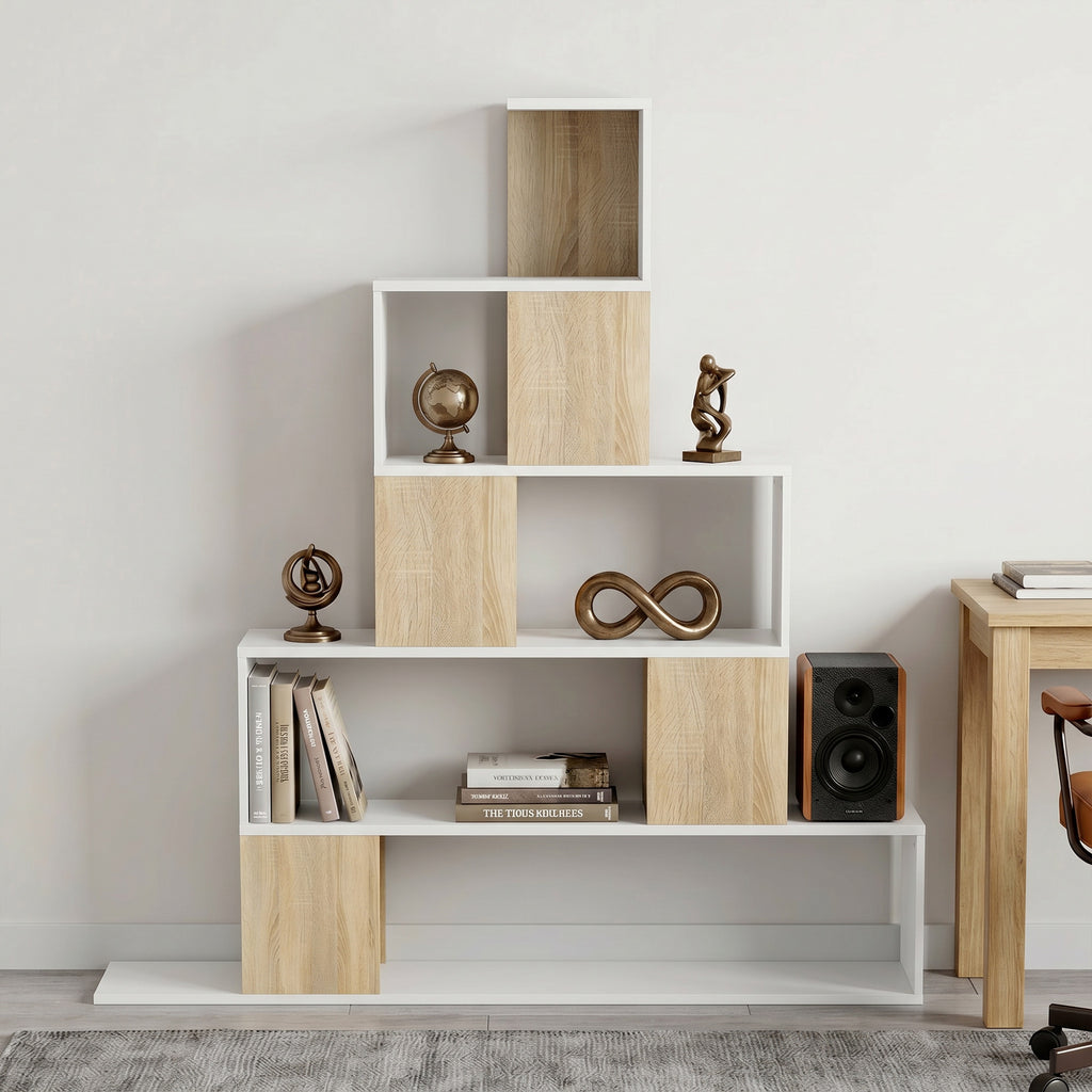 HOMCOM Modern 5-Tier Bookcase with Step Design, 120x22x131.5 cm, White and Wood