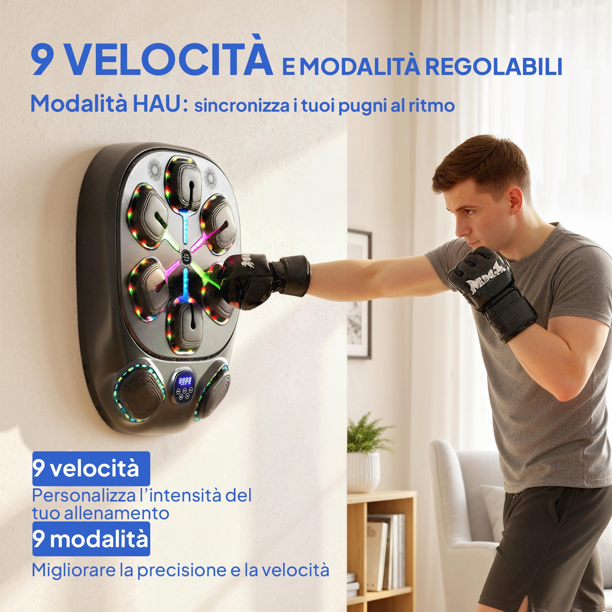Wall-Mounted Musical Boxing Machine with 9 Modes, LED Lights and Bluetooth Connection, 61x48x11 cm, Black