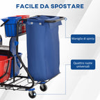 Cleaning Trolley with Garbage Bag, 4 Buckets and Mop Wringer, 93x80x97 cm, Red Blue and Black