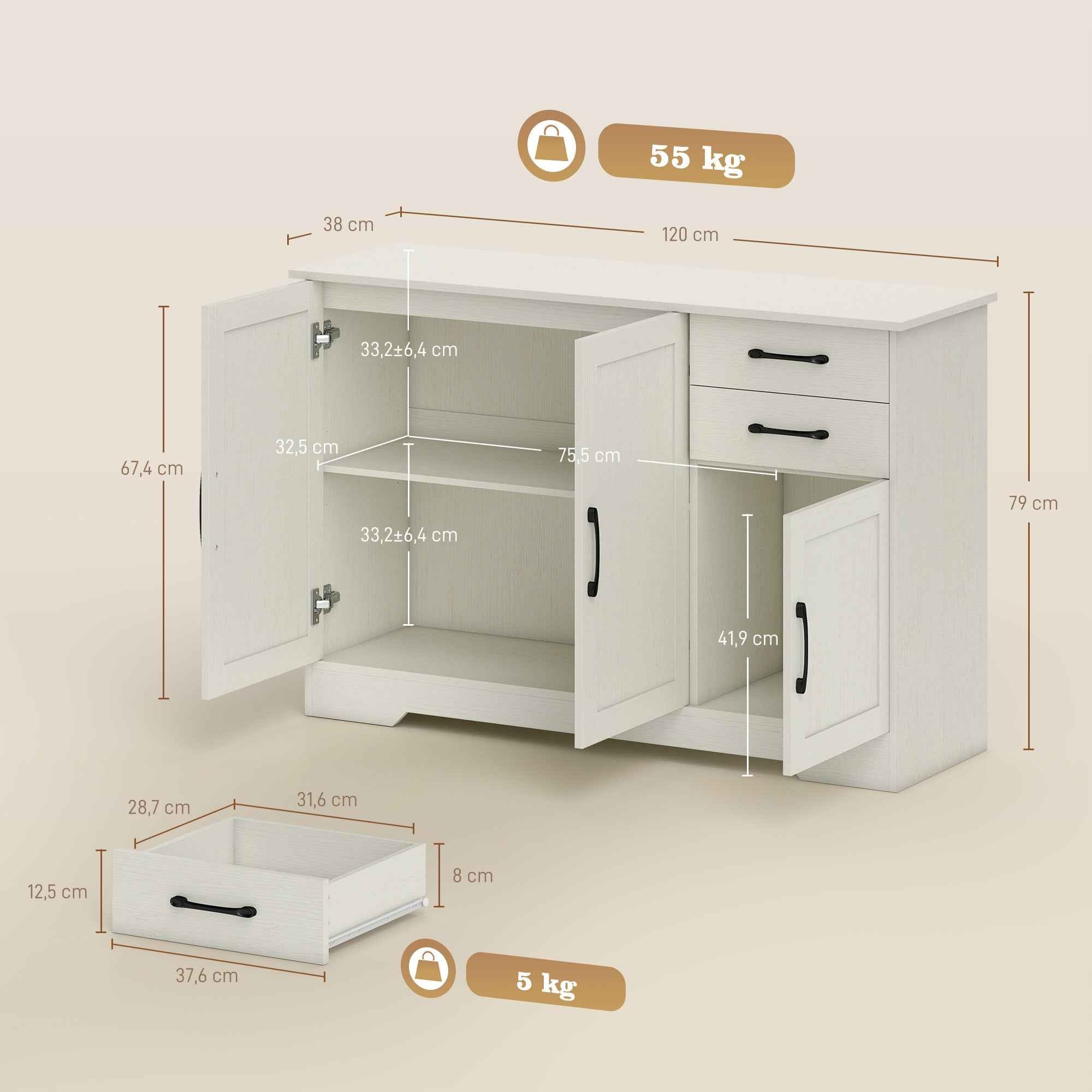 HOMCOM Kitchen Cabinet with 2 Drawers and 3 Cabinets, Adjustable Shelves, 120x38x79 cm, Cream