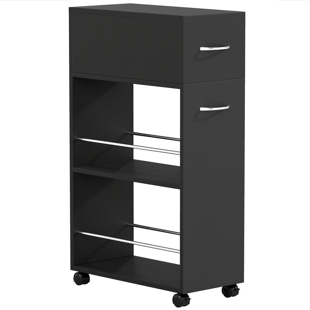 Kitchen Cart with 2 Open Shelves, Drawer and Rails, Wood and Stainless Steel, 25x50x85 cm, Black