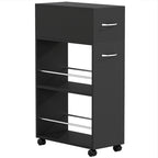 Kitchen Cart with 2 Open Shelves, Drawer and Rails, Wood and Stainless Steel, 25x50x85 cm, Black