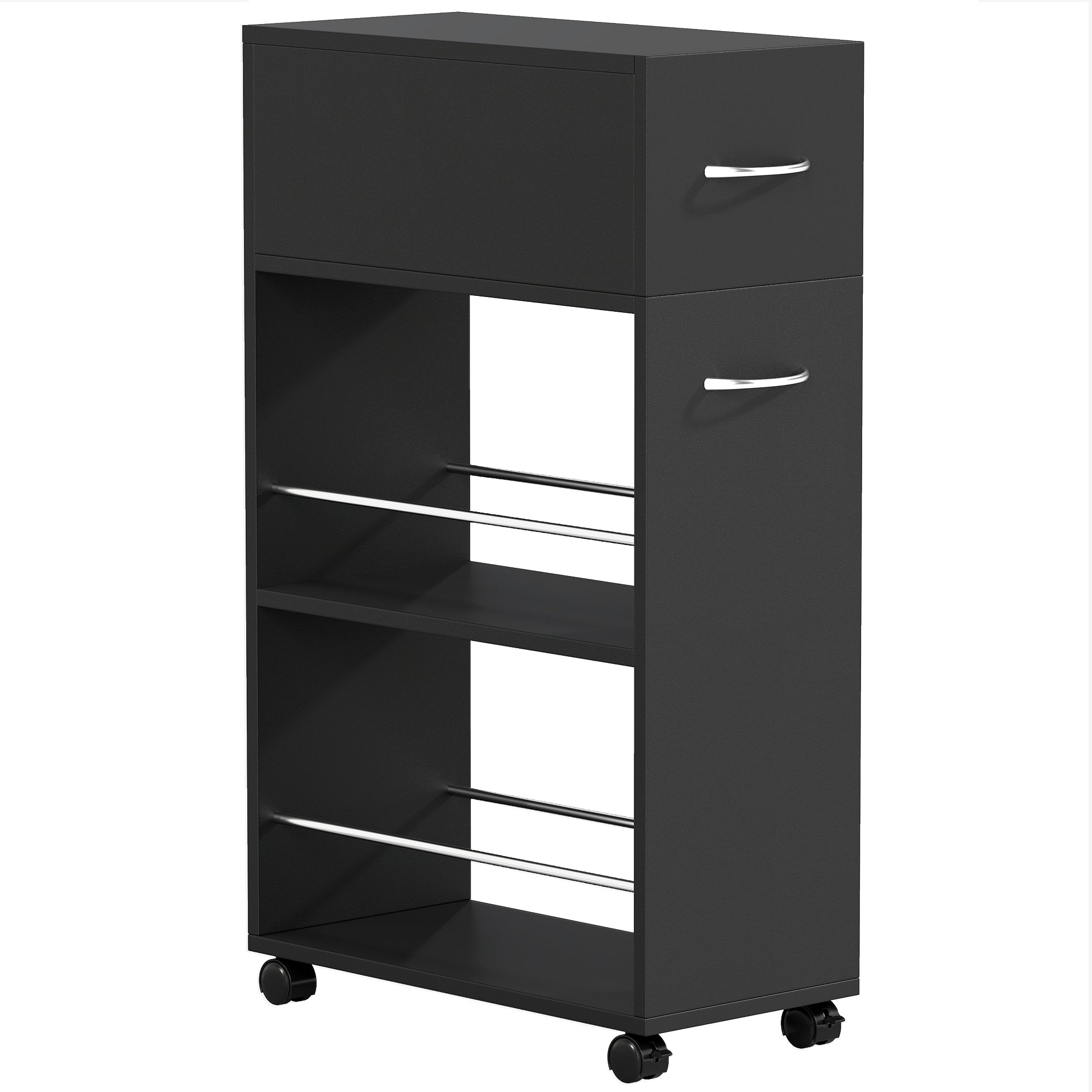 Kitchen Cart with 2 Open Shelves, Drawer and Rails, Wood and Stainless Steel, 25x50x85 cm, Black