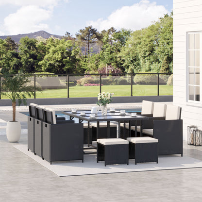 LUMIJA | 11 Piece Outdoor Rattan Garden Furniture Set with Tempered Glass Table and Cushions, Dining Set, Black - Borgè