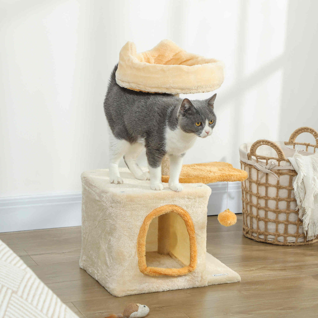 Cat Scratching Tree with Perch and House, Made of Wood, Plush and Sisal, 40x30x72 cm, Beige and Yellow