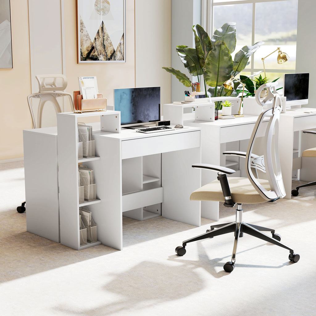 Modern PC Desk with 3 Open Shelves and Drawer, White Wood, 100x40x90 cm