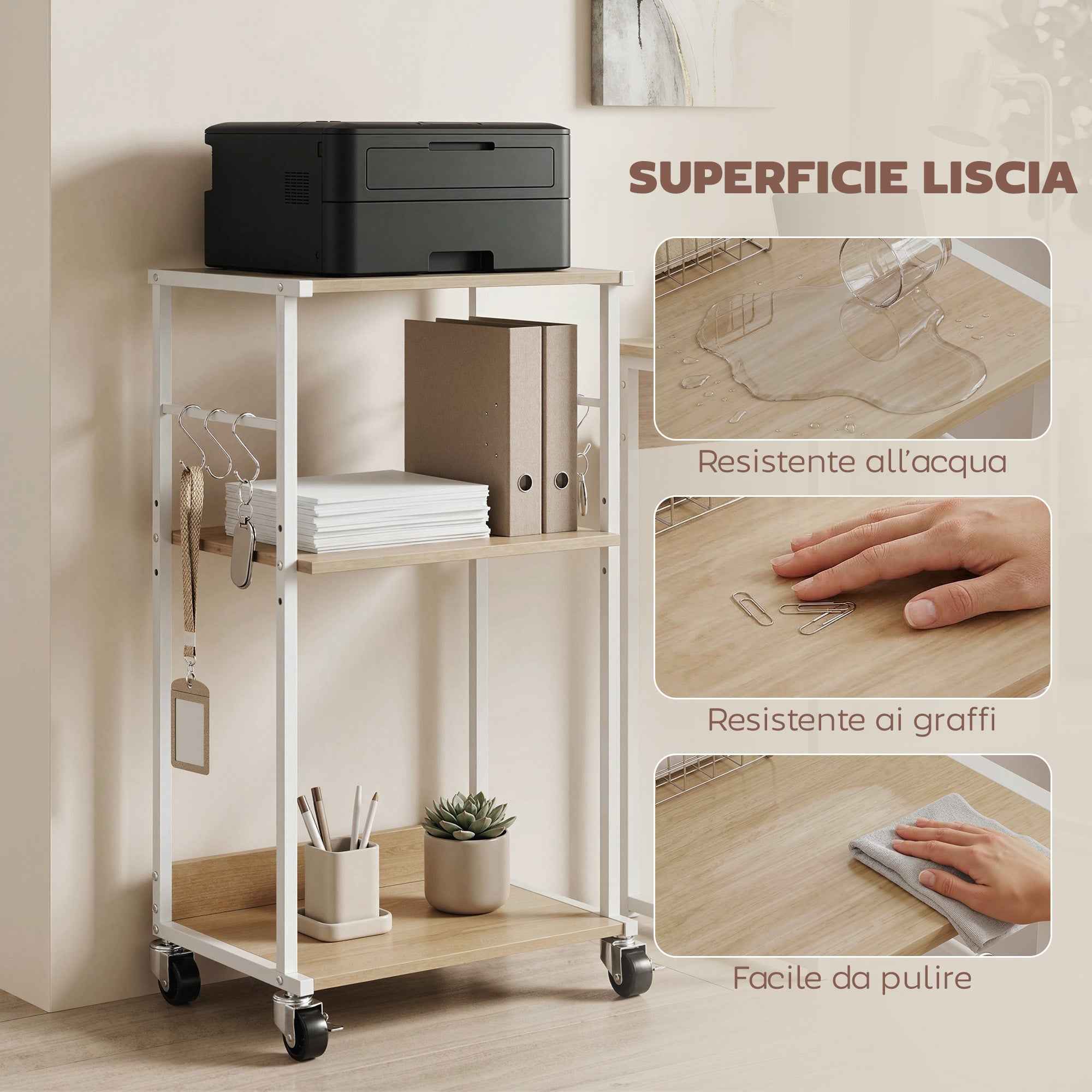HOMCOM 3-Tier Printer Stand with Wheels and Hooks, Natural