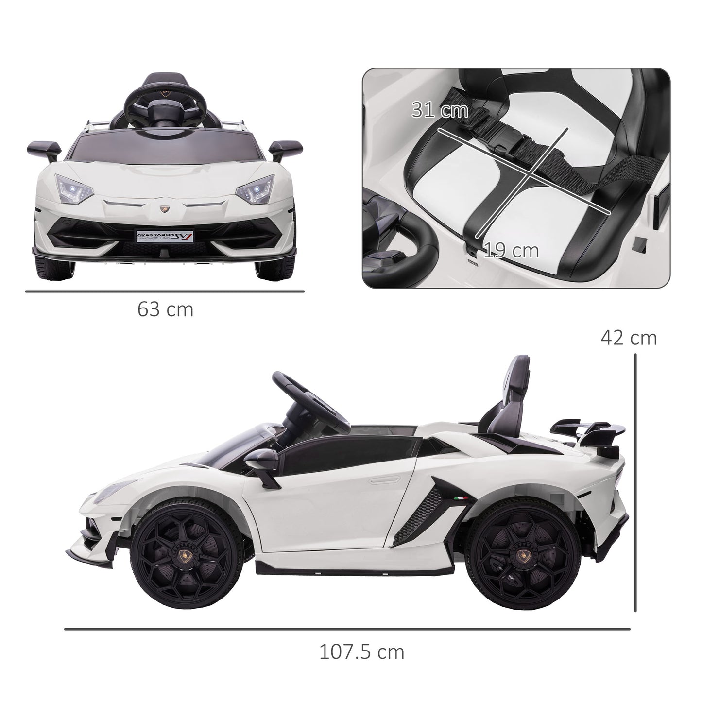 Homcom Electric Machine for Children 12v Lamborghini license with horn and remote control, 107.5x63x42 cm, white - Borgè