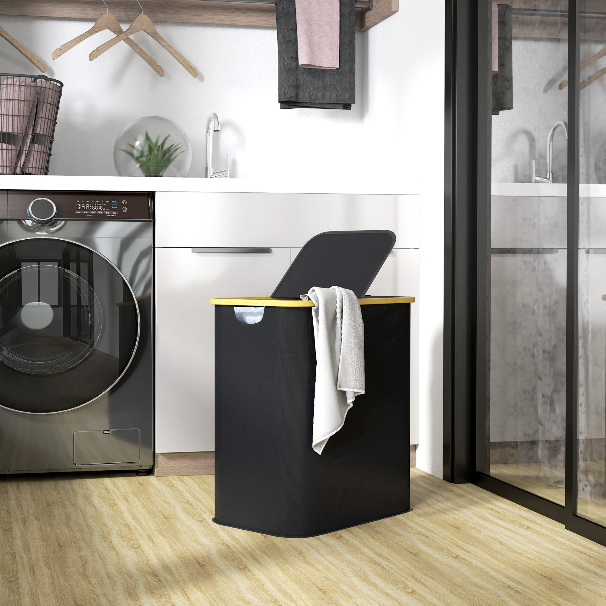 Laundry Basket 80L 2-Section with Lid, Non-Woven and Bamboo, 54x34x58.5 cm, Black