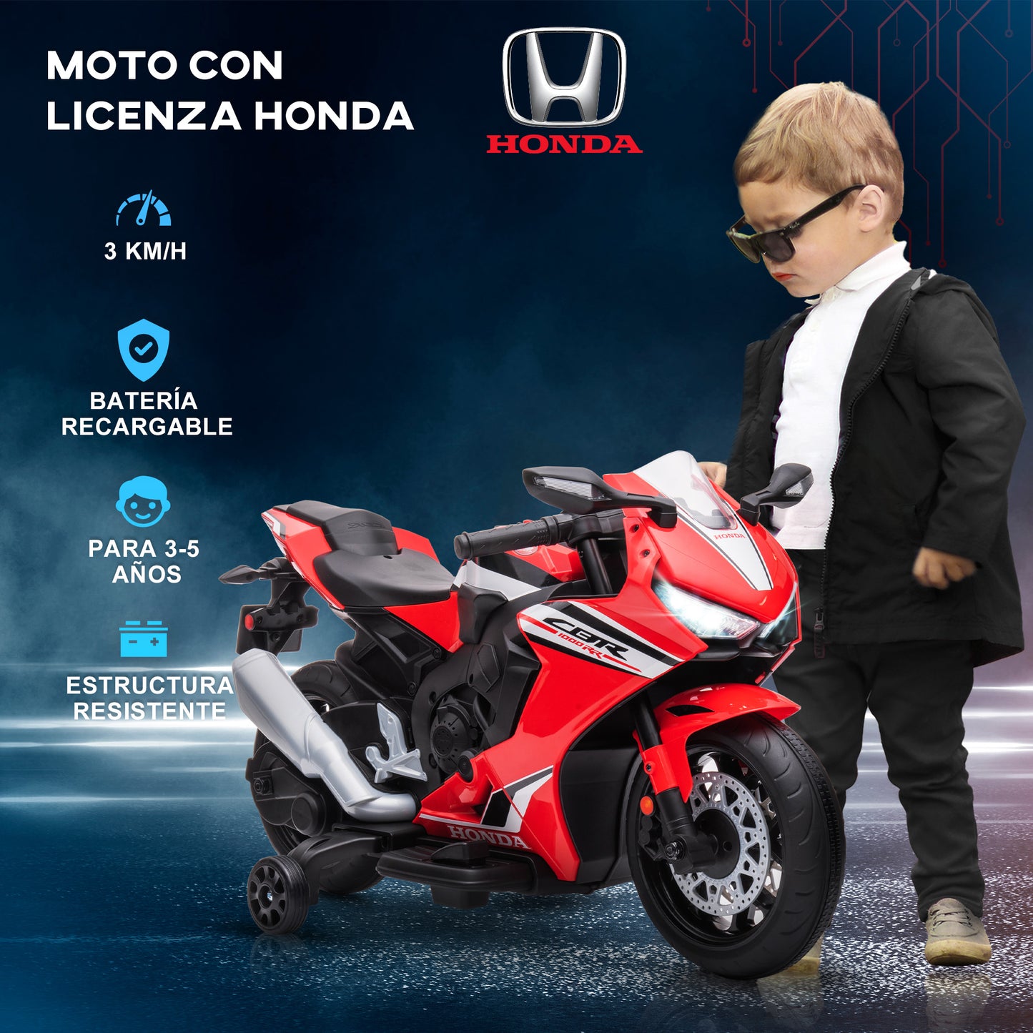 Electric Motorcycle for Children with HONDA License, Rechargeable 6V Battery, Speed 3km/h, Red