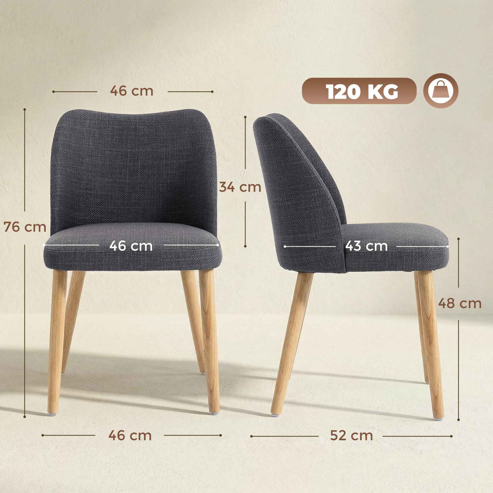HOMCOM Set of 2 Padded Dining Chairs with Hevea Wood Legs, Light Grey Fabric
