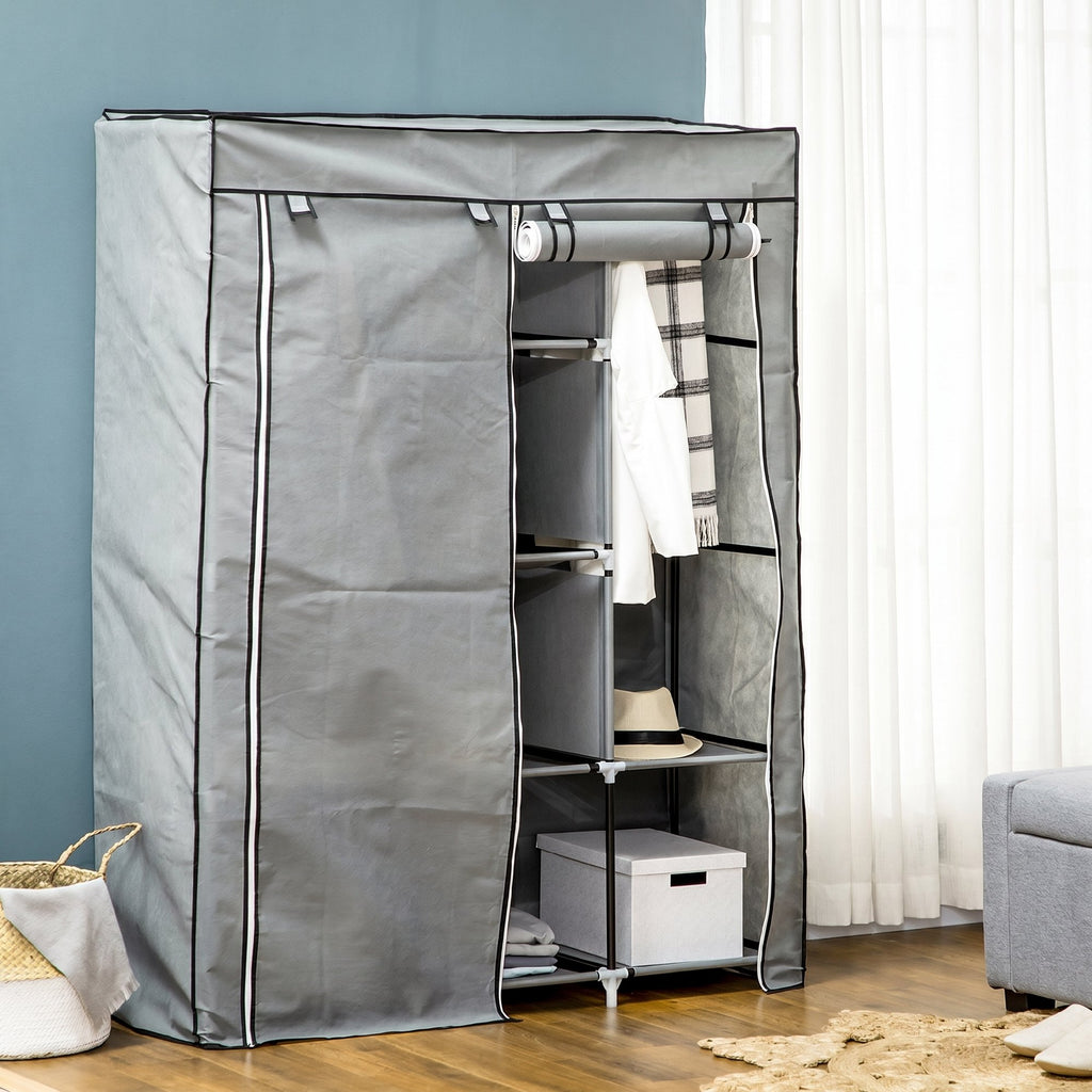 HOMCOM Space-Saving Wardrobe with Raised Base, 8 Shelves and 2 Bars, in Non-Woven Fabric and Steel, Light Grey