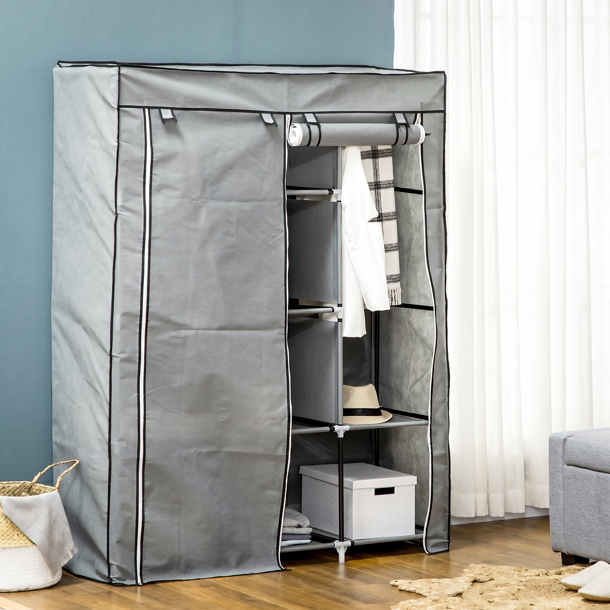HOMCOM Space-Saving Wardrobe with Raised Base, 8 Shelves and 2 Bars, in Non-Woven Fabric and Steel, Light Grey