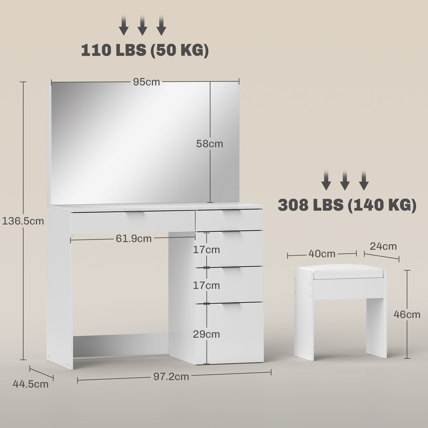 Dressing Table Set with Mirror and 5 Drawers 97.2x44. 5x136. 5 cm and Padded Stool 40x24x46 cm, White