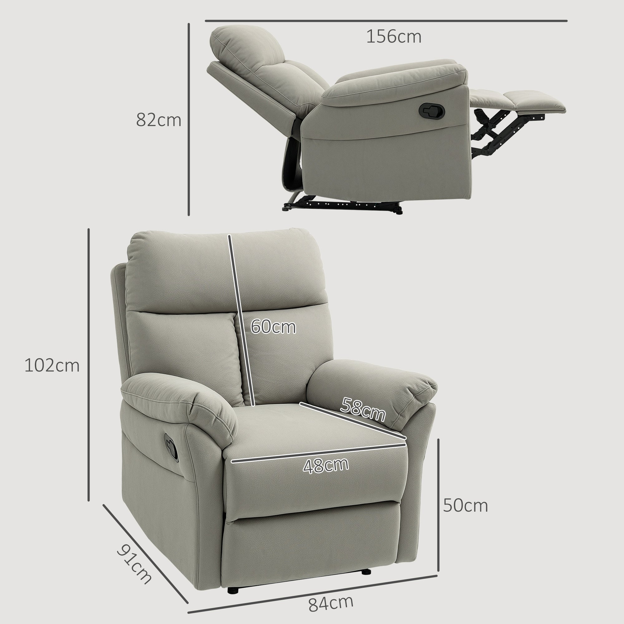 140° Reclining Chair with Footrest, in Microfiber, Foam and Metal, 84x91x102 cm, Grey