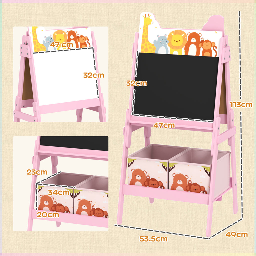 Art Easel for Children Ages 3-8 with Double-Sided Board and 2 Storage Baskets, Wooden, 53.5x49x113 cm, Pink