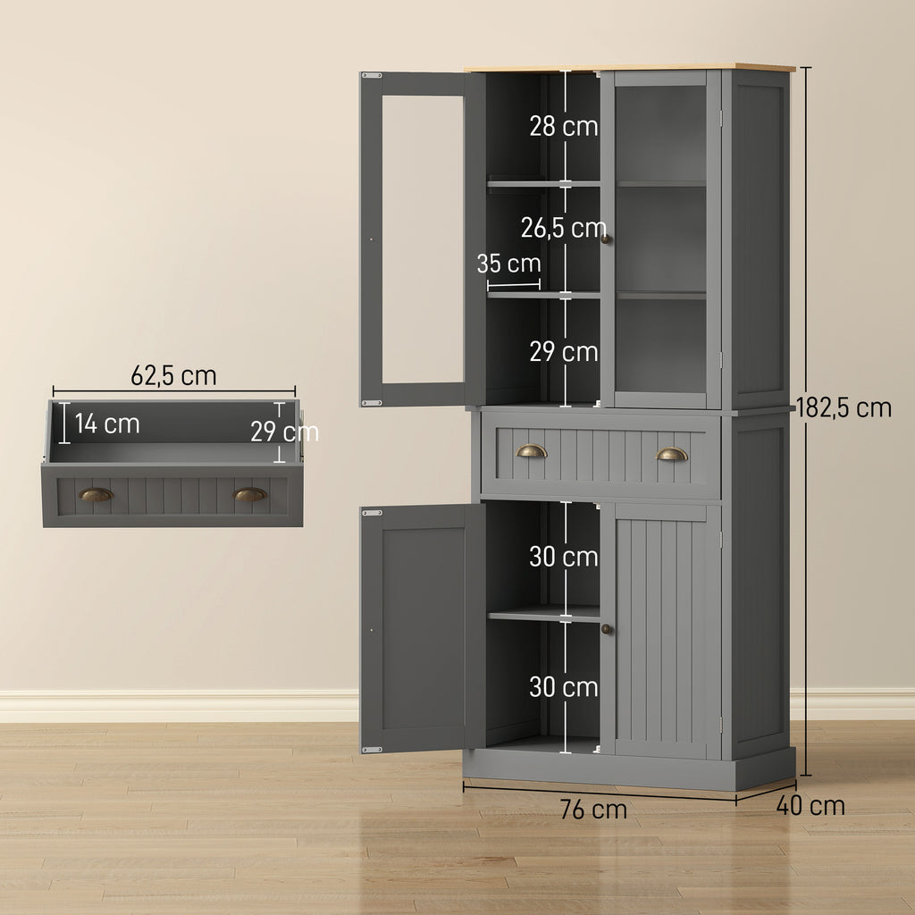 5-Tier Pantry Unit with Central Drawer in MDF and Chipboard, 76x40x182.5 cm, Grey