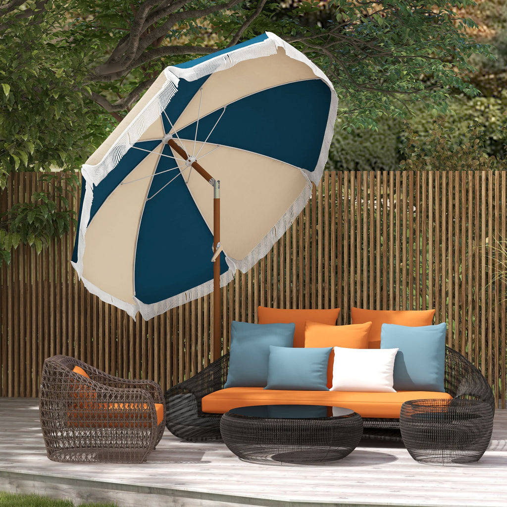 Round and Tilting Umbrella with 8 Ribs with Crank, in Polyester and Steel, Ø213x234 cm, Blue and Beige
