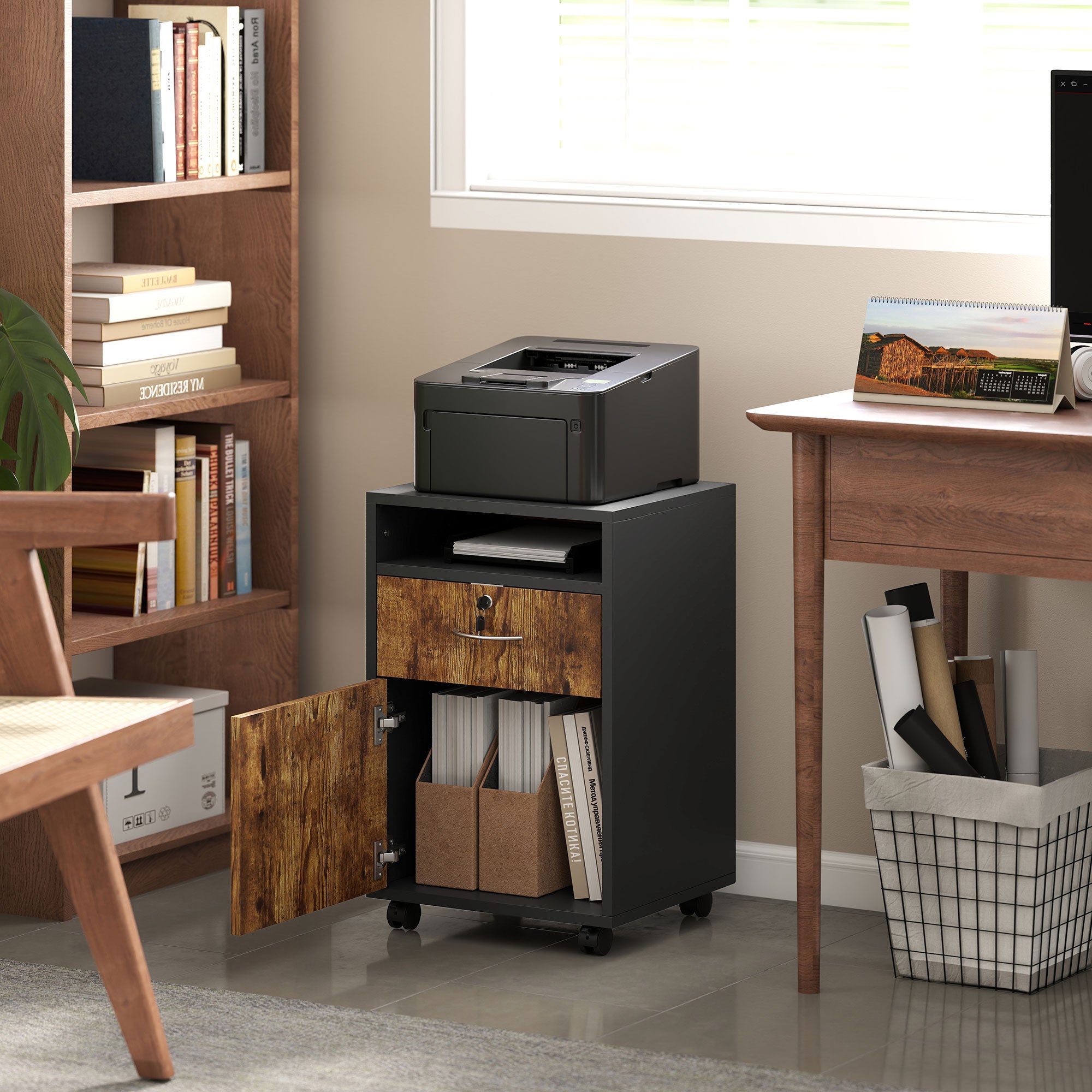 Office Cabinet with Open Shelf, Lockable Drawer and Cabinet, 40x35x60 cm, Brown