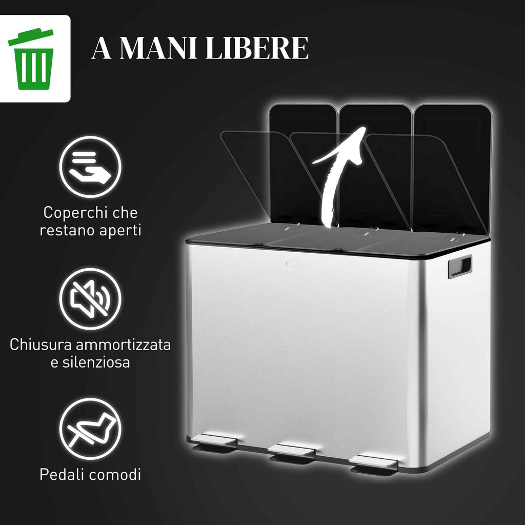 HOMCOM 3-Compartment Waste Bin, Silver