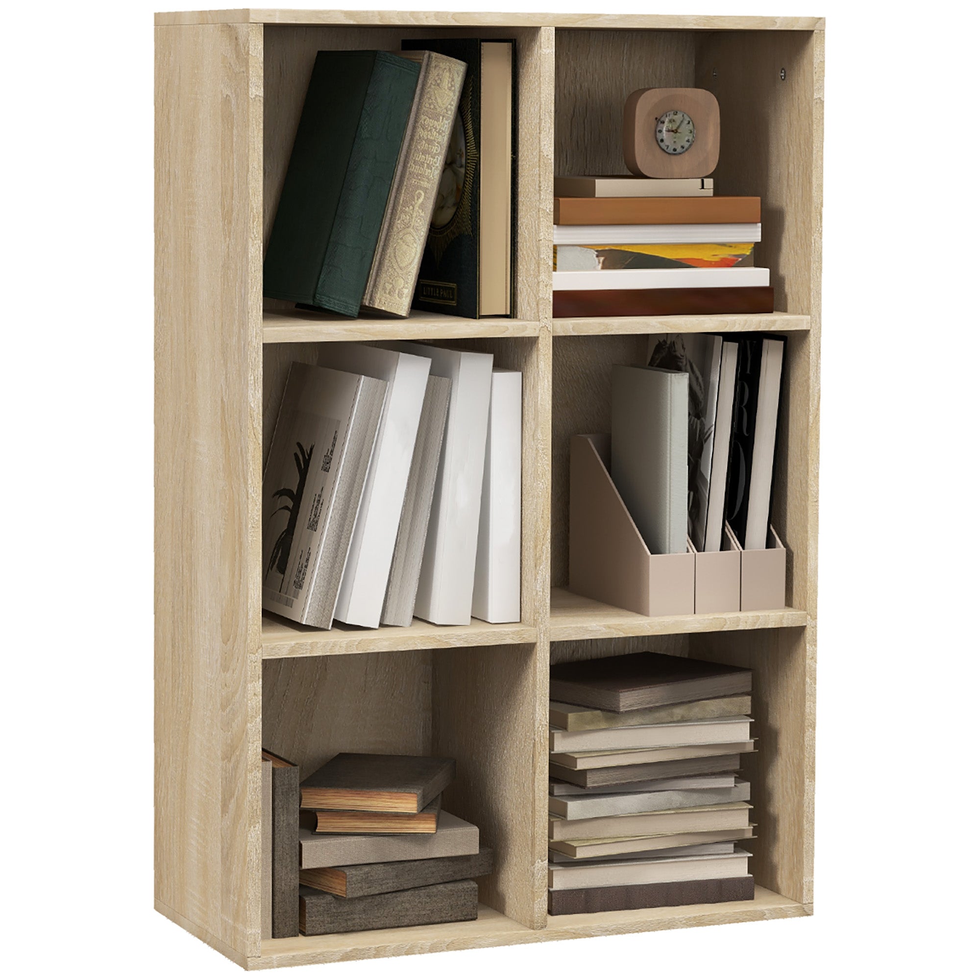 Modern 6-Cube Wooden Bookcase, 65.5x30x97.5 cm, Oak Color