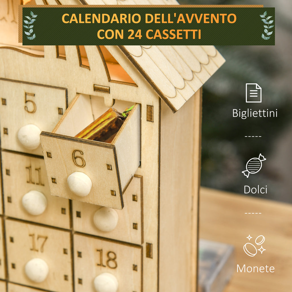 Wooden Advent Calendar with 24 Drawers, Christmas Decoration with Carved Nativity Scene and Lights, 26.6x6x30cm
