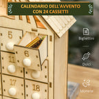 Wooden Advent Calendar with 24 Drawers, Christmas Decoration with Carved Nativity Scene and Lights, 26.6x6x30cm