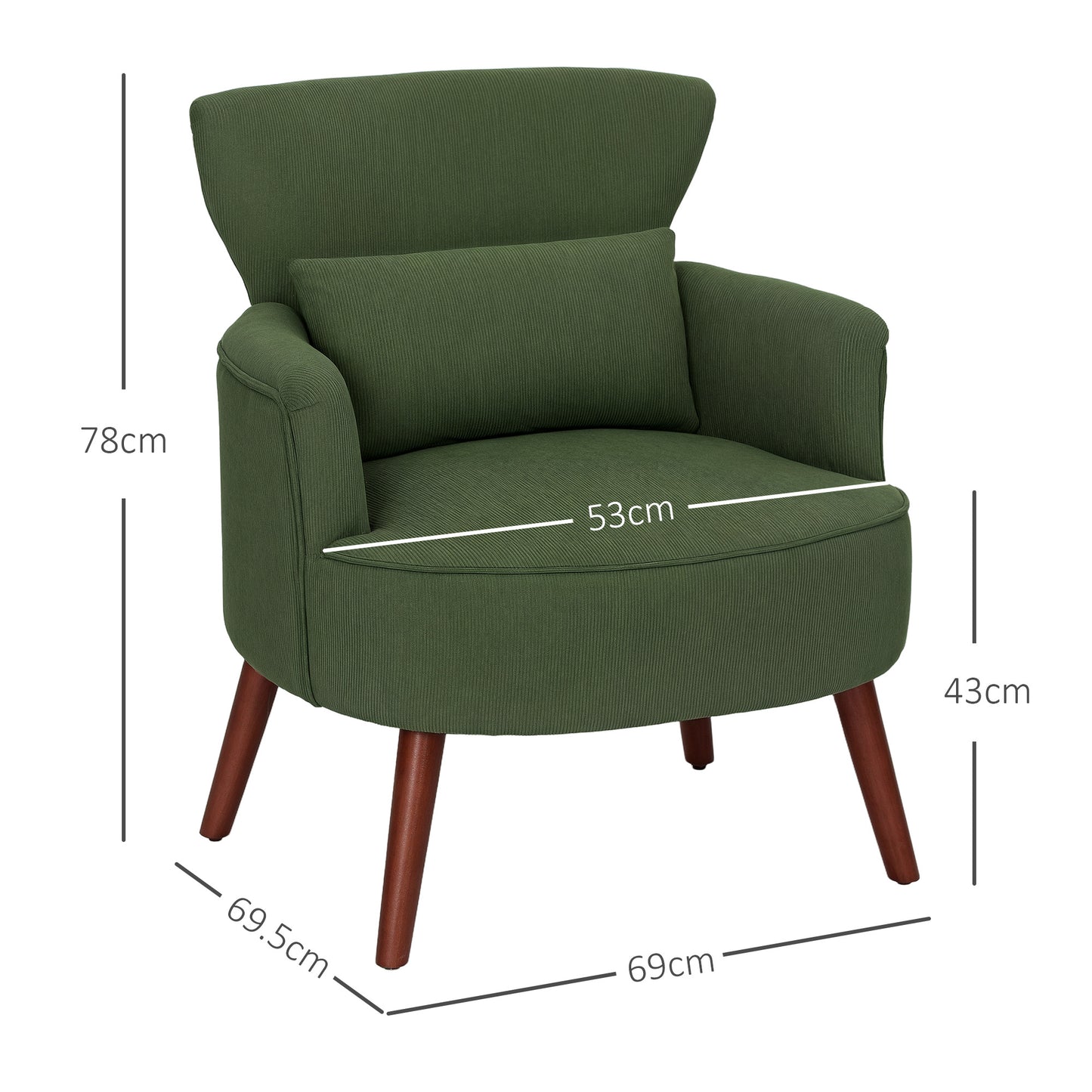 Modern Upholstered Velvet Armchair with Lumbar Cushion, Wooden Backrest and Legs, Green