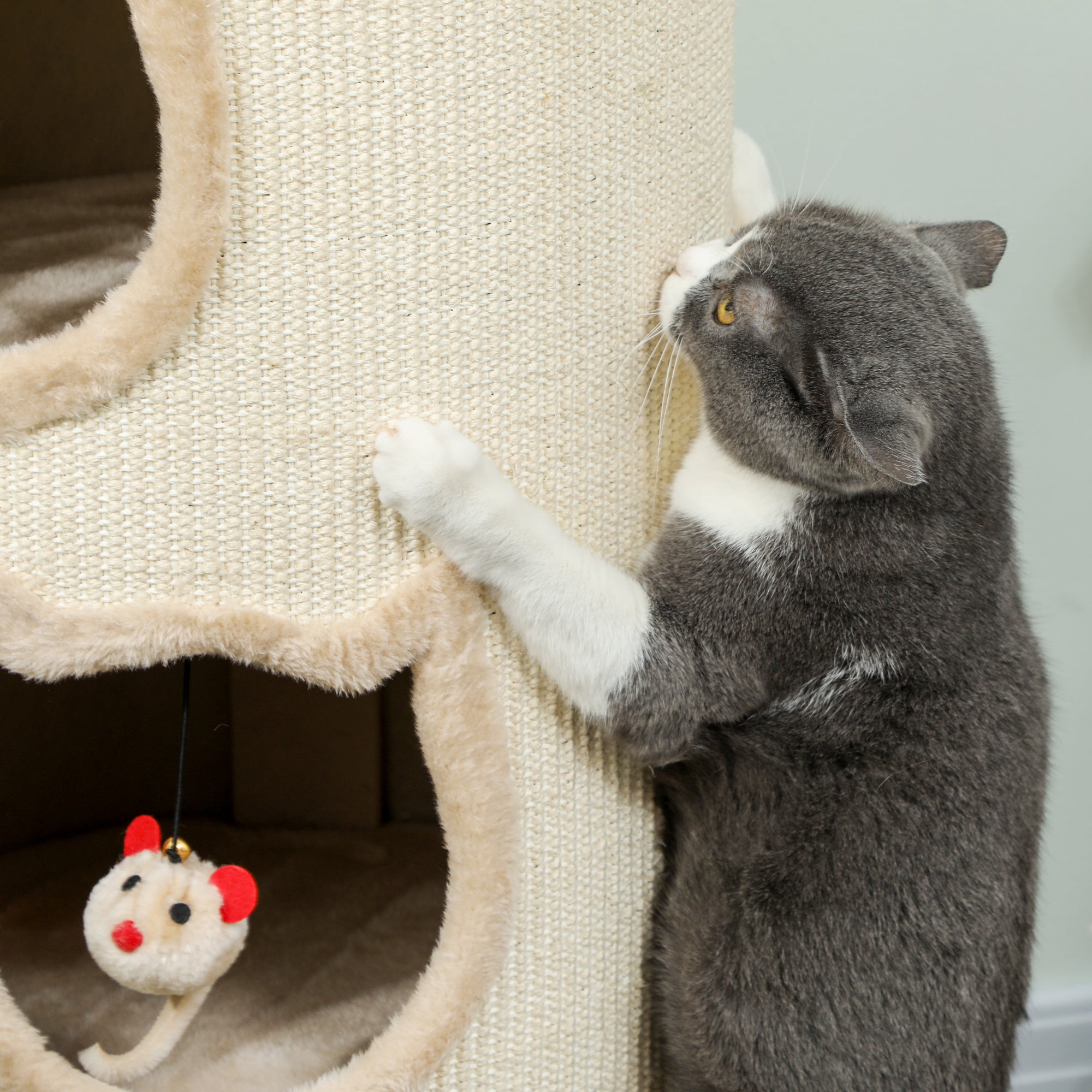 Cat Scratching Tower, 96 cm High, with 3 Cat Houses and a Removable and Washable Upper Bed, Cream