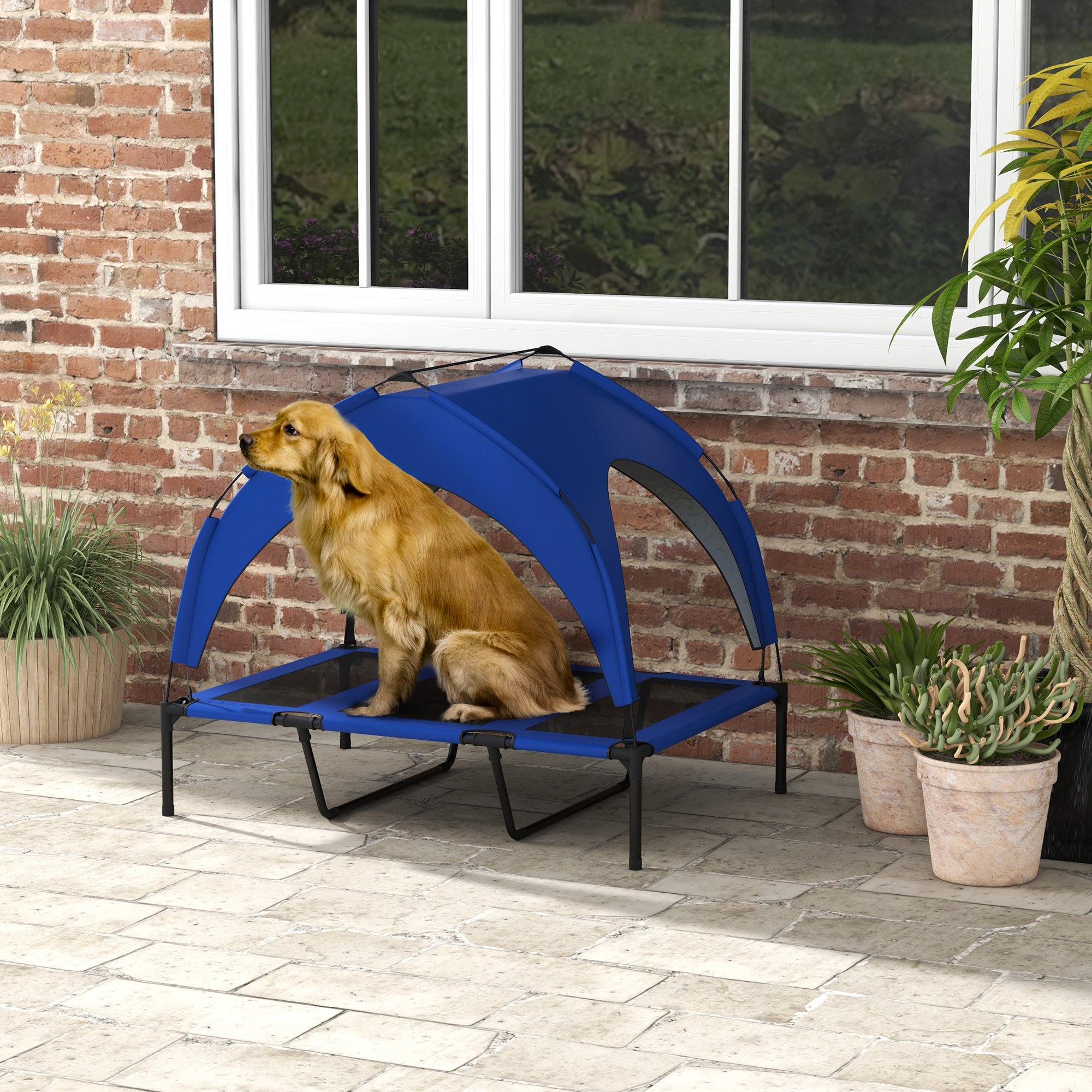 Large Dog Kennel with Protective Roof, in Steel and Polyester, 106x76x94 cm, Dark Blue - Borgè