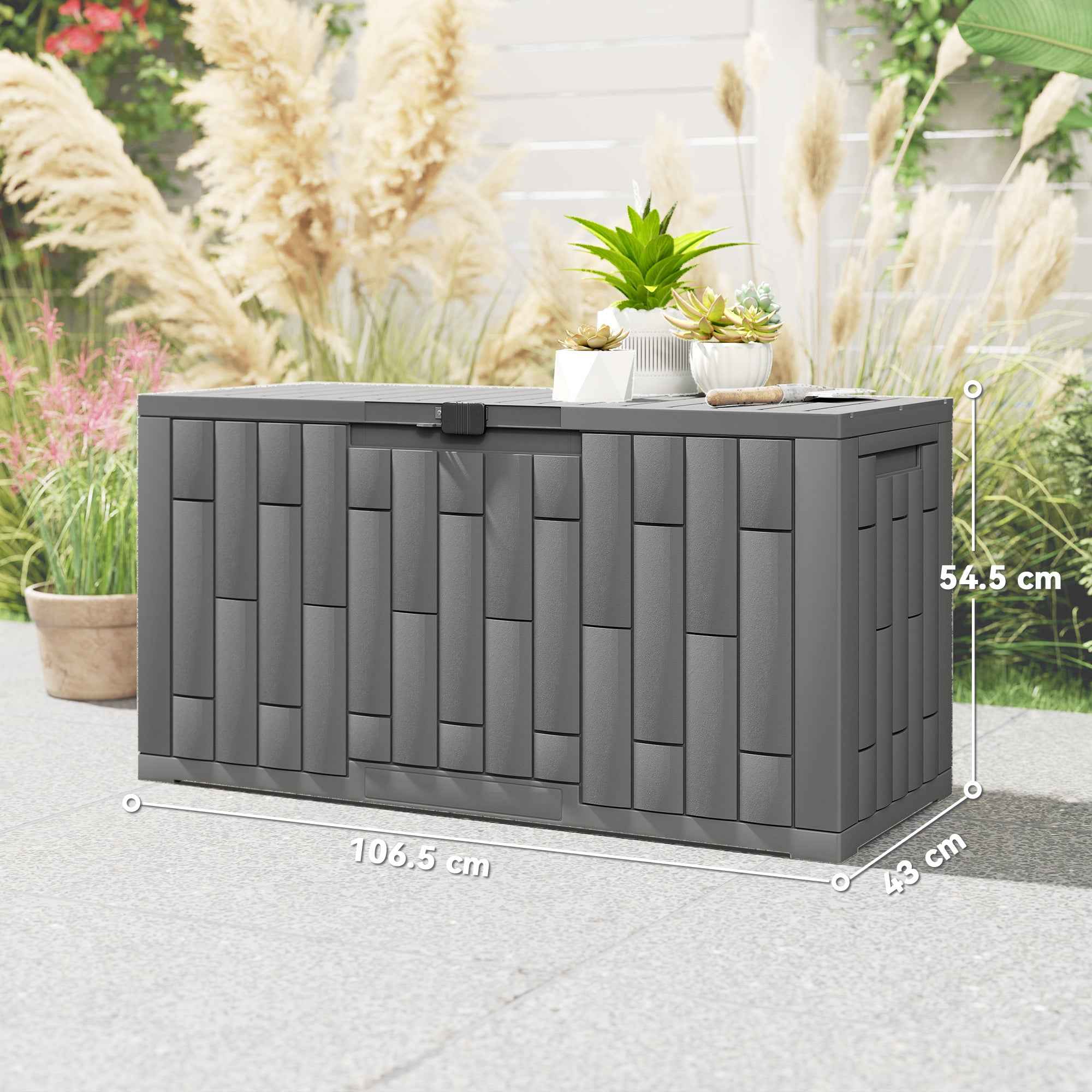 Outsunny 227L Waterproof and UV-Resistant Resin Garden Storage Box with Key Lock, 106.5x43x54.5 cm, Grey