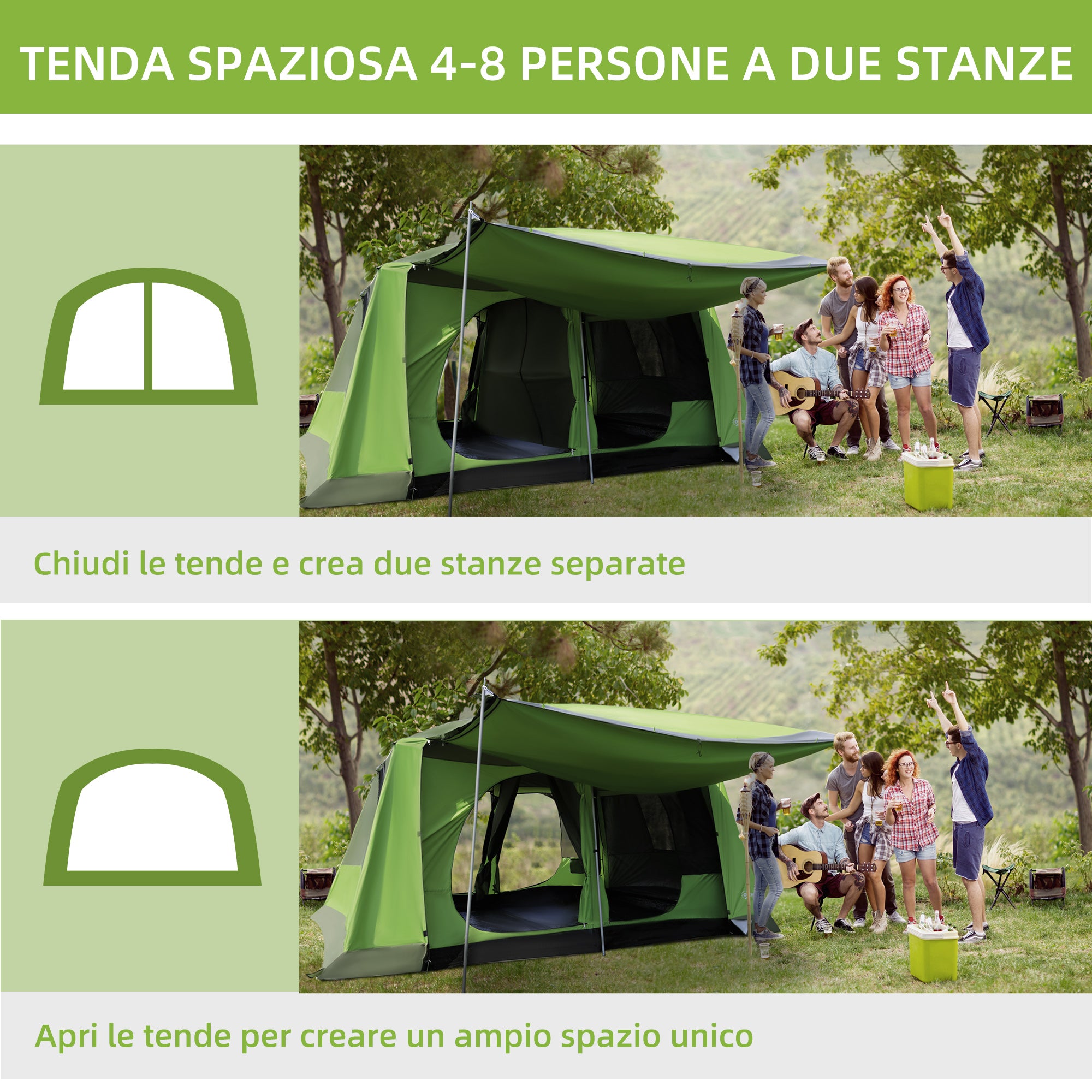 Camping Tent with Veranda, Family Tent for 8 People, Polyester, 405x305x225cm