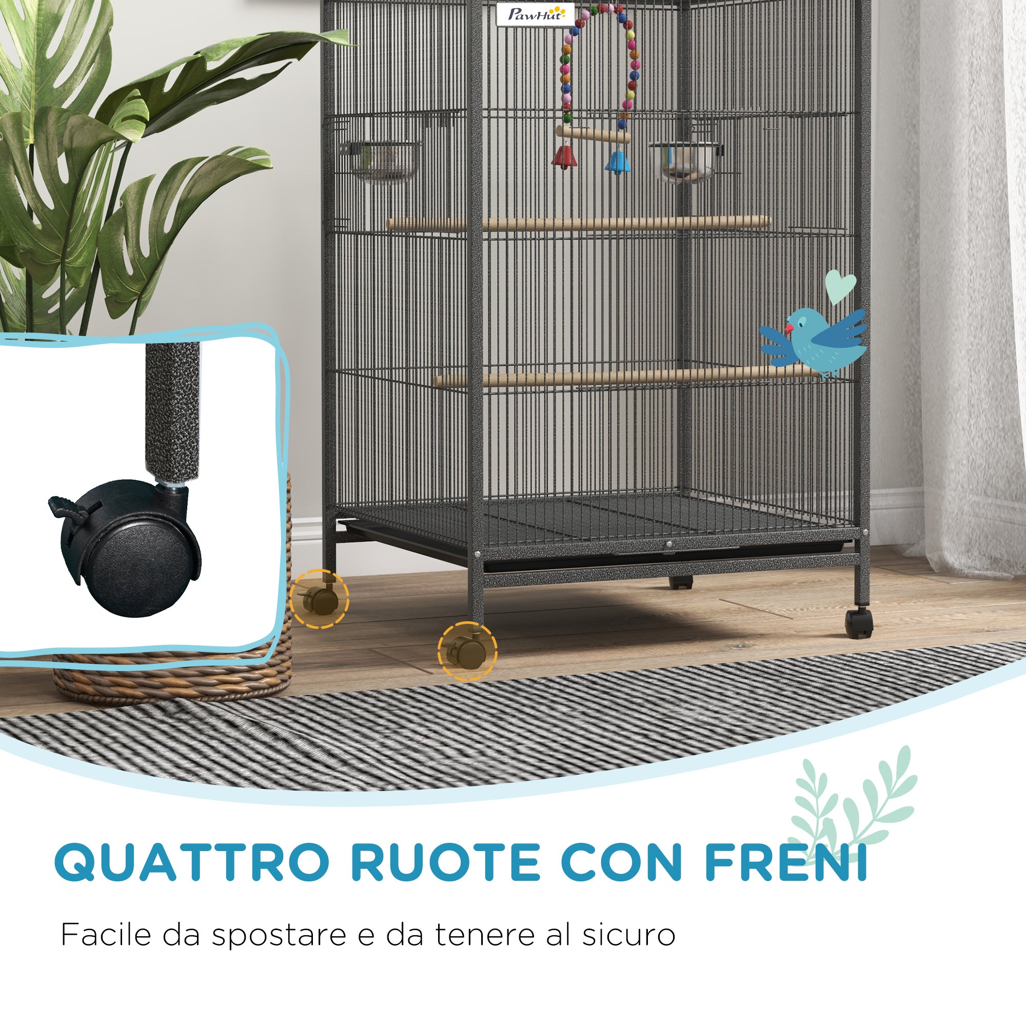 Pawhut for birds in steel and pp with 5 doors, 2 posees and removable tray, 48x46x74 cm, gray - Borgè