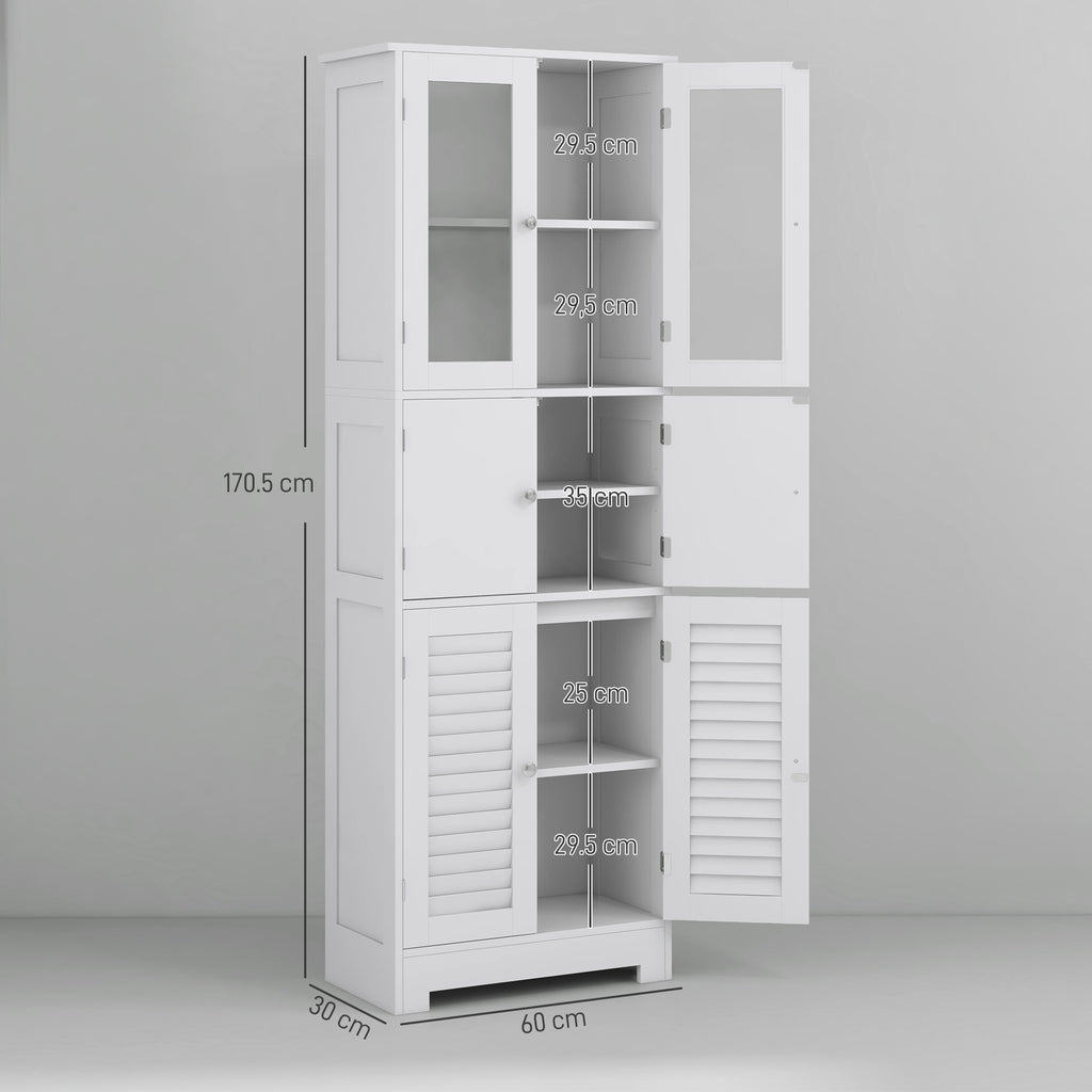 Bathroom Cabinet Column with 3 Cabinets and Glass Doors and Shutters, 60x30x170.5cm, White