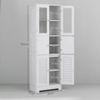 Bathroom Cabinet Column with 3 Cabinets and Glass Doors and Shutters, 60x30x170.5cm, White